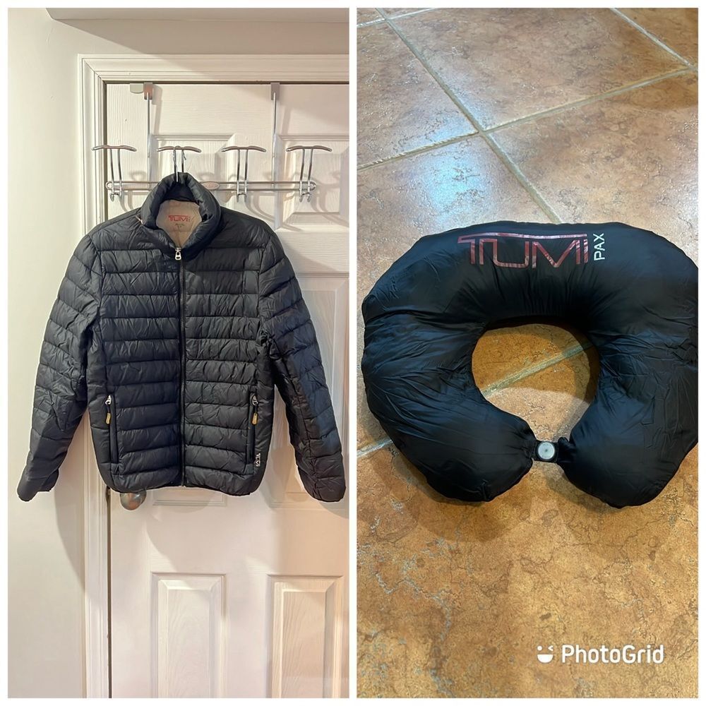 Tumi Women's Black Puffer Jacket with Packable Travel Neck Pillow